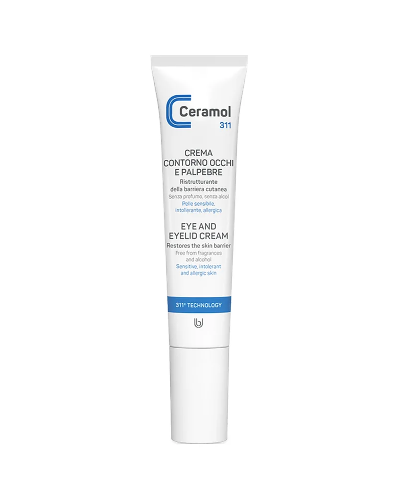 Tubo de Ceramol Crema contorno de ojos y párpados sobre fondo blanco