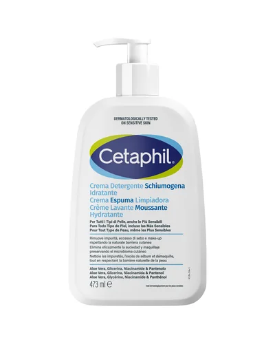 Envase con dosificador de Cetaphil Crema Espuma Limpiadora sobre fondo blanco