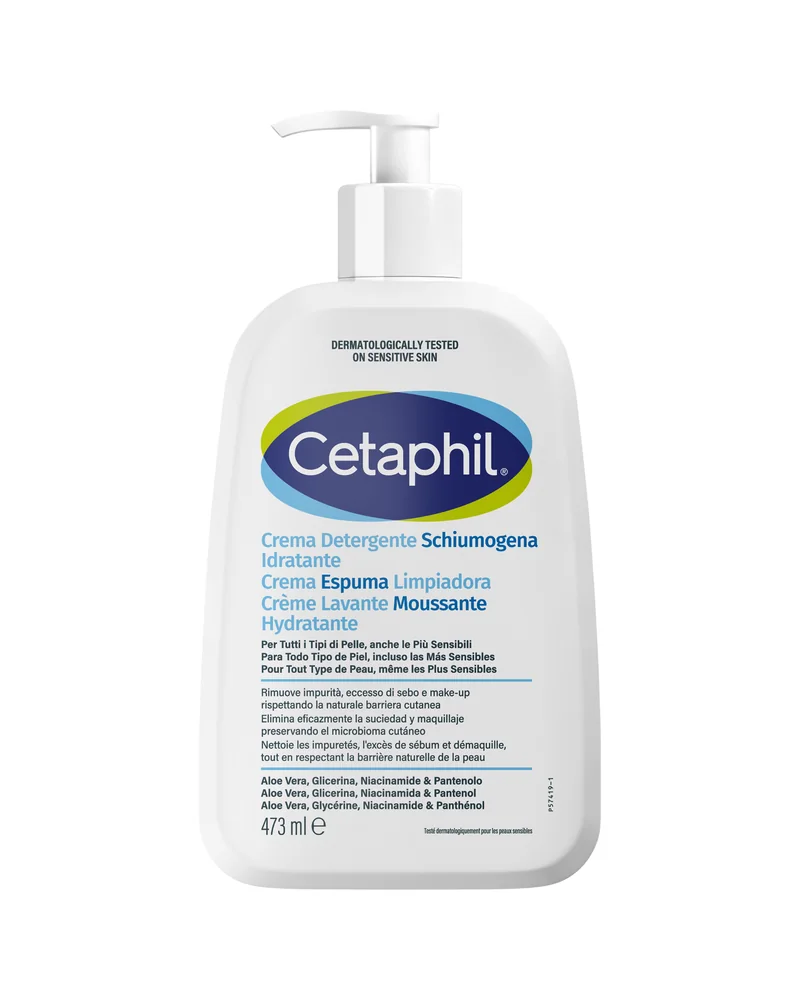 Envase con dosificador de Cetaphil Crema Espuma Limpiadora sobre fondo blanco