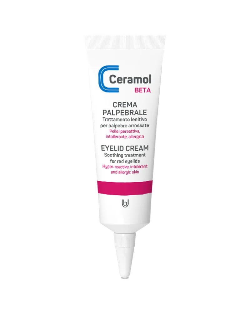Tubo con cánula de Ceramol Crema Párpados sobre fondo blanco