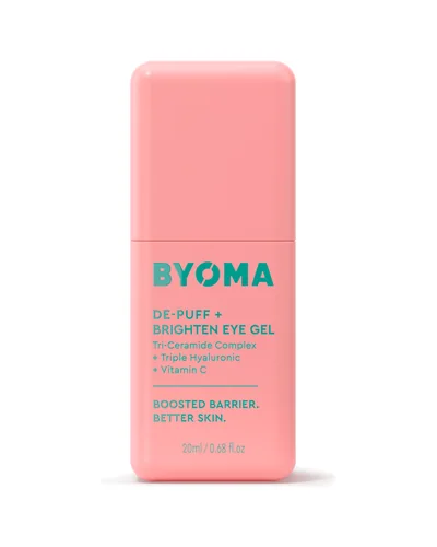 Frasco con dosificador de De-Puff + Brighten Eye Gel sobre fondo blanco
