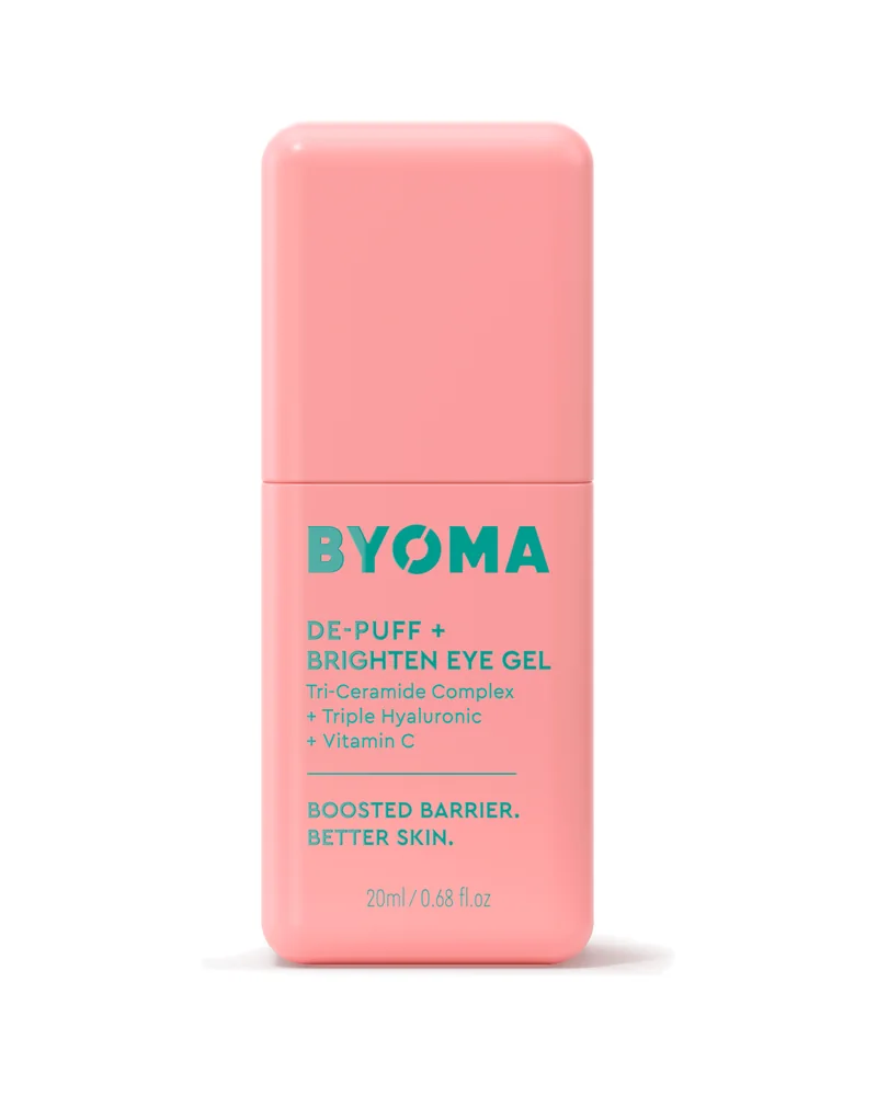 Frasco con dosificador de De-Puff + Brighten Eye Gel sobre fondo blanco
