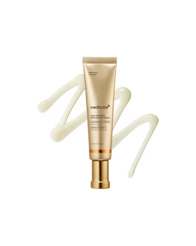 Tubo de Deep Reviving Peptide Eye Cream con un trazo de crema detrás