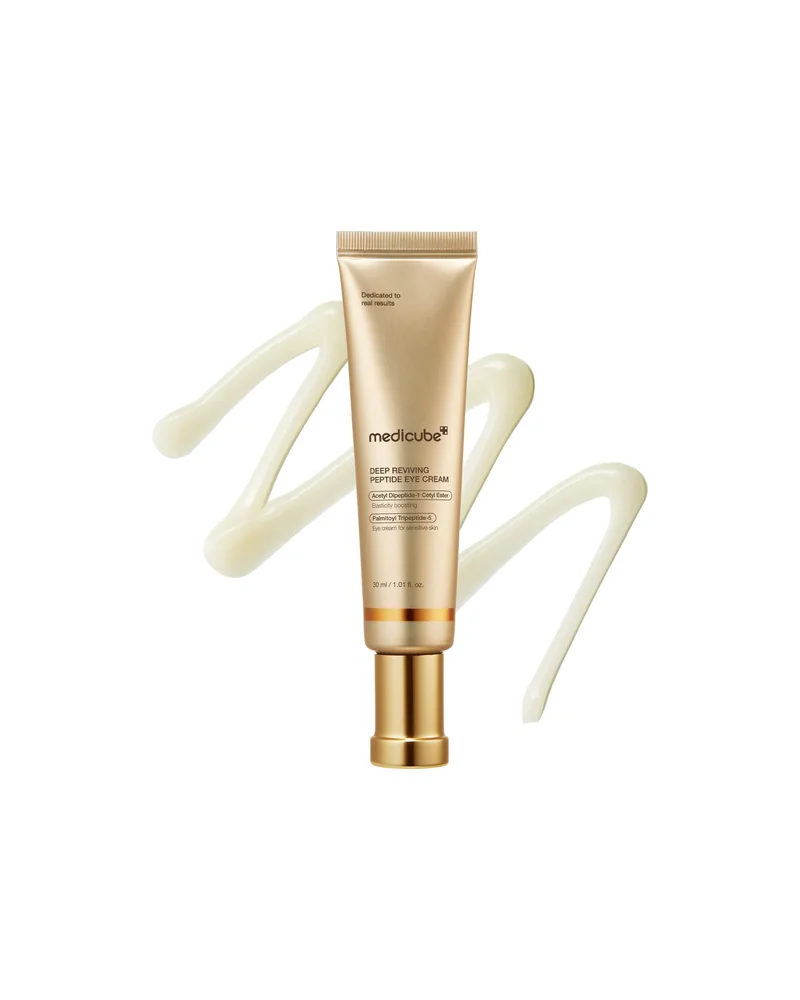 Tubo de Deep Reviving Peptide Eye Cream con un trazo de crema detrás