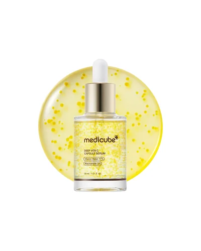 Frasco con cuentagotas de Deep Vitamin C Capsule Serum sobre un círculo de gel amarillo