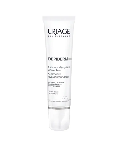 Envase de Dépiderm Contorno de Ojos Corrector de Uriage sobre fondo blanco