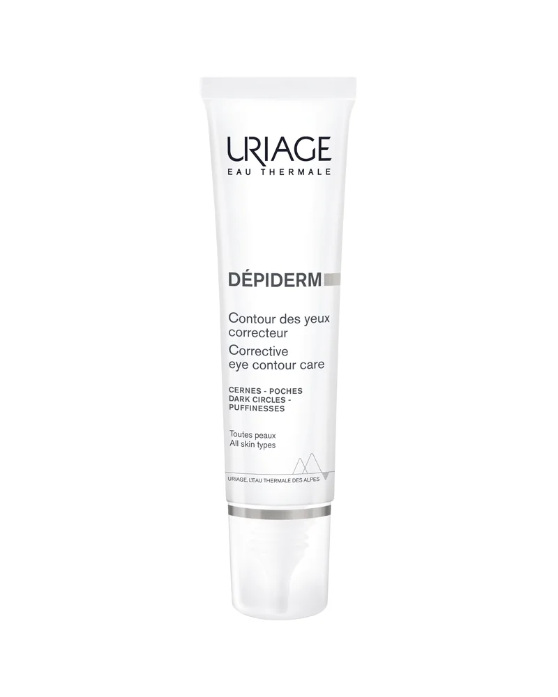 Envase de Dépiderm Contorno de Ojos Corrector de Uriage sobre fondo blanco