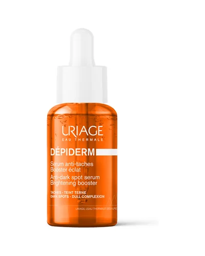 Envase de Dépiderm Sérum Antimanchas de Uriage sobre fondo blanco