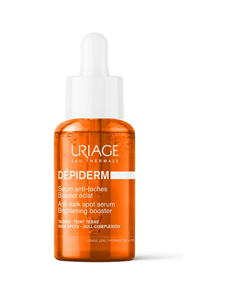 Envase de Dépiderm Sérum Antimanchas de Uriage sobre fondo blanco