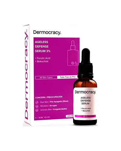Frasco con cuentagotas de Ageless Defense Serum 3% junto a su caja sobre fondo blanco