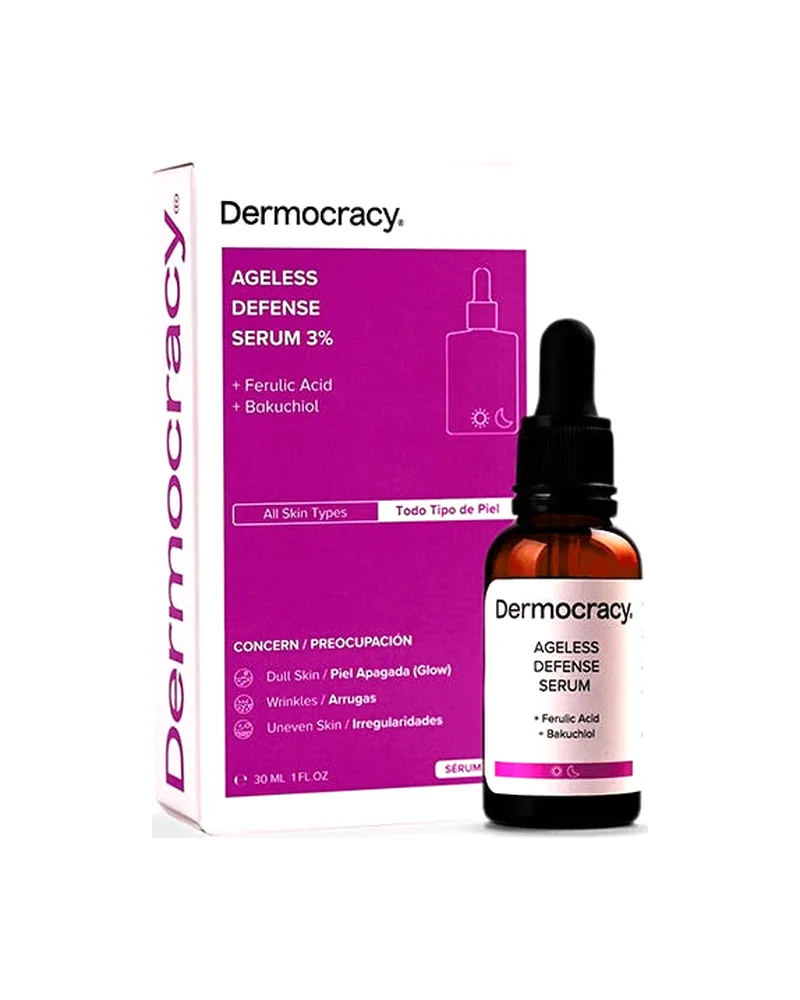 Frasco con cuentagotas de Ageless Defense Serum 3% junto a su caja sobre fondo blanco
