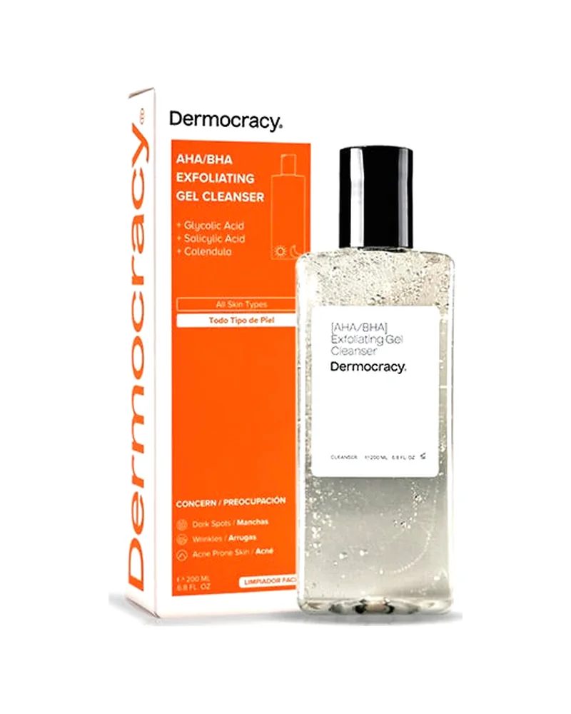 Botella de AHA/BHA Exfoliating Gel Cleanser junto a su caja sobre fondo blanco
