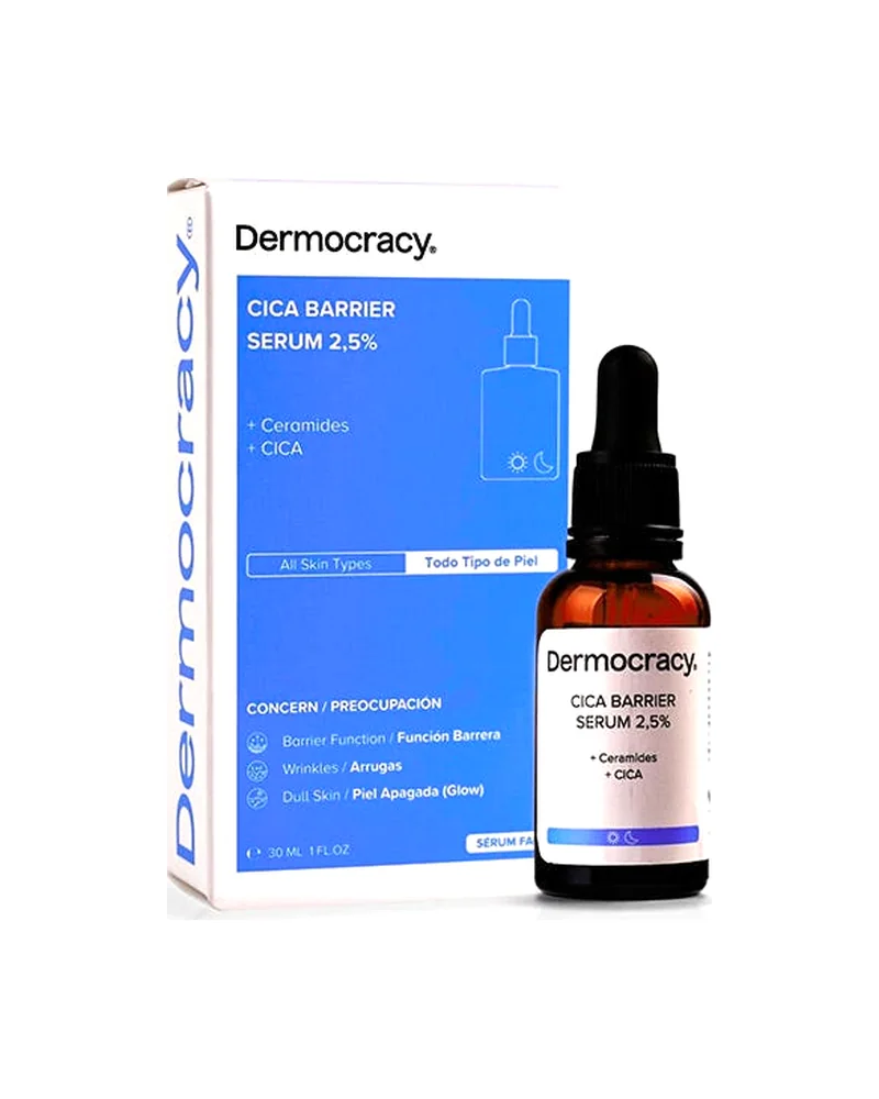 Frasco con cuentagotas de Cica Barrier Serum 2,5% junto a su caja sobre fondo blanco