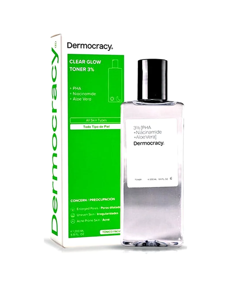 Botella de Clear Glow Toner 3% junto a su caja sobre fondo blanco