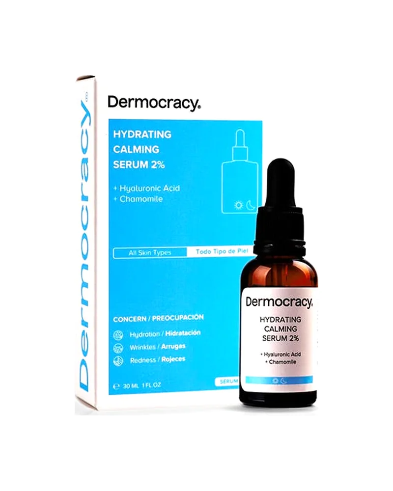 Frasco con cuentagotas de Hydrating Calming Serum 2% junto a su caja sobre fondo blanco