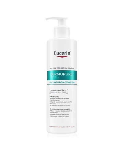 Envase de DermoPure Clinical Gel Limpiador Corrector sobre fondo blanco
