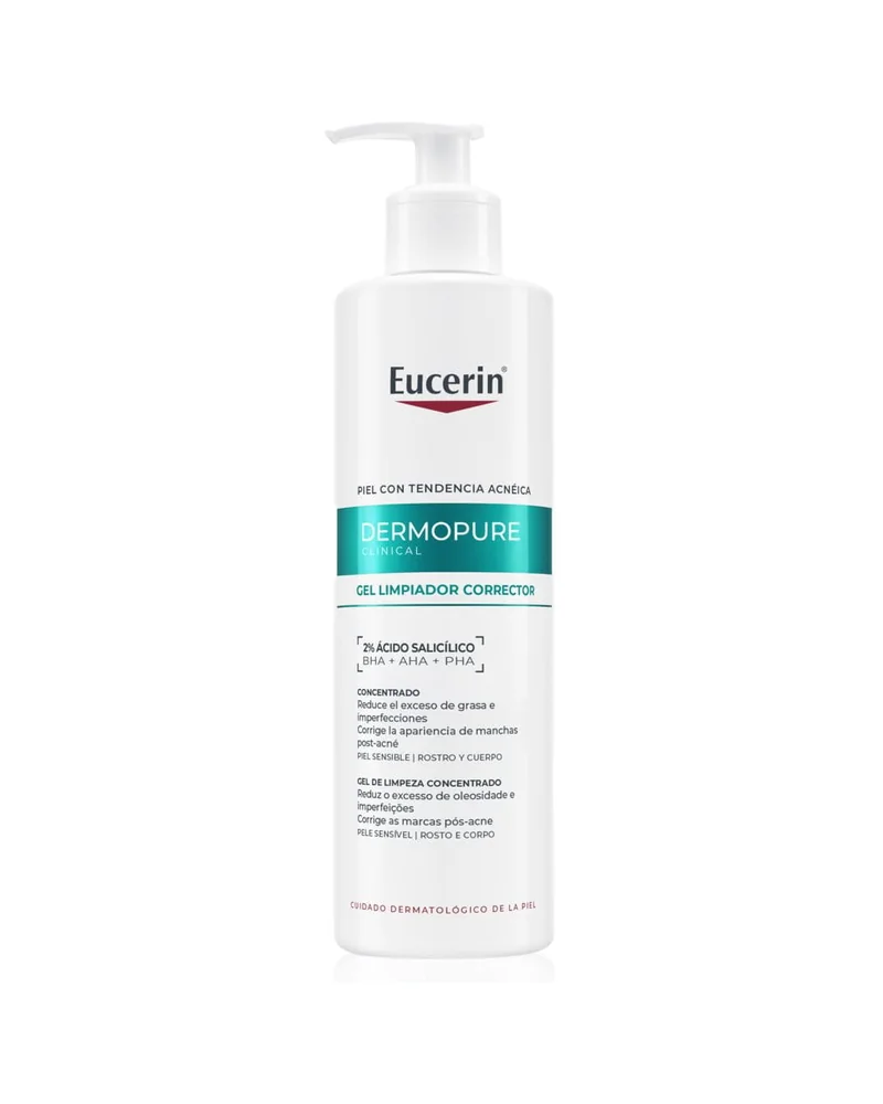 Envase de DermoPure Clinical Gel Limpiador Corrector sobre fondo blanco