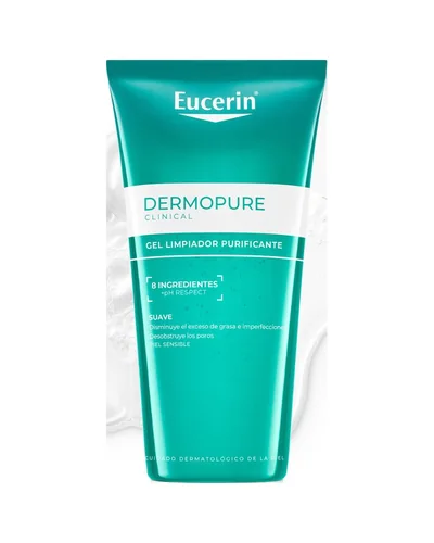 Envase de DermoPure Clinical Gel Limpiador Purificante sobre fondo blanco