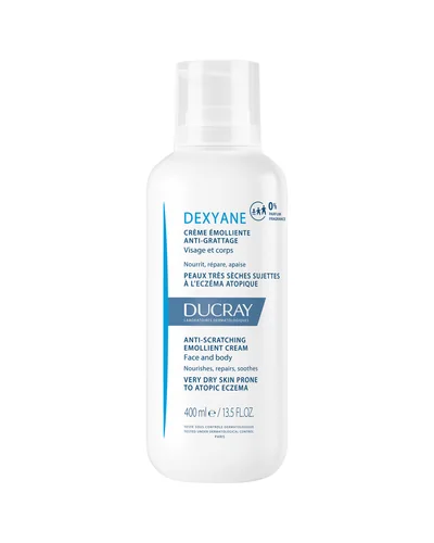 Envase de Dexyane Crema emoliente antirrascado sobre fondo blanco