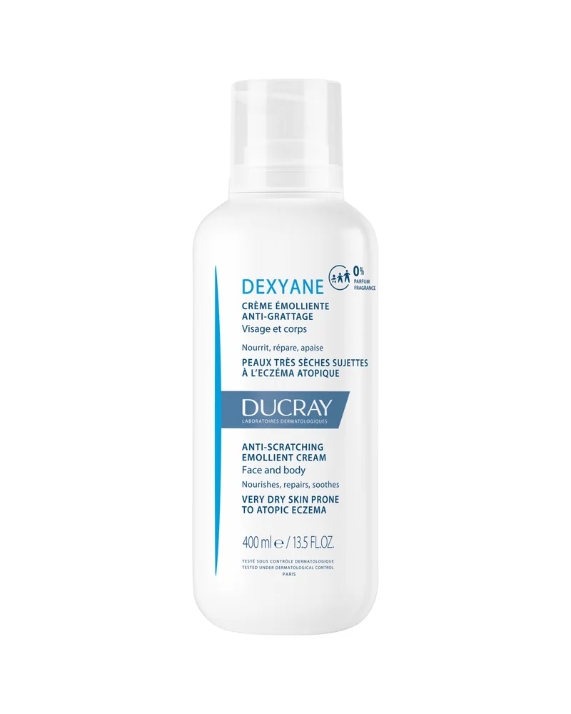 Envase de Dexyane Crema emoliente antirrascado sobre fondo blanco