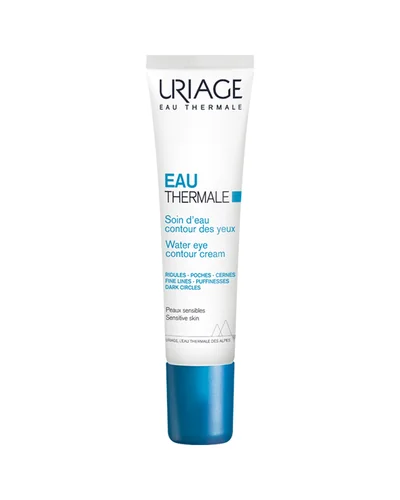 Envase de Eau Thermale Contorno de Ojos de Agua de Uriage sobre fondo blanco