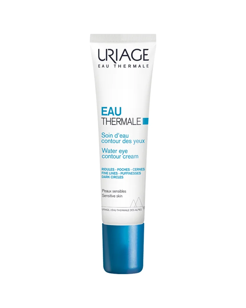 Envase de Eau Thermale Contorno de Ojos de Agua de Uriage sobre fondo blanco