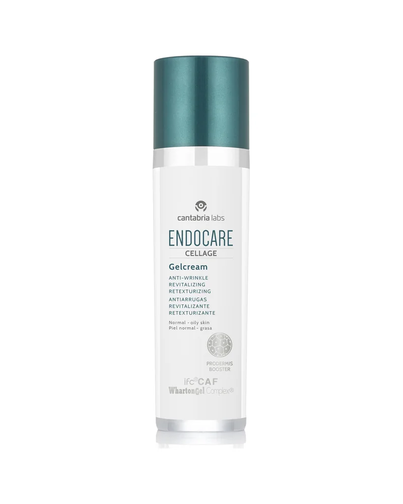 Envase de Endocare Cellage Gelcream sobre fondo blanco