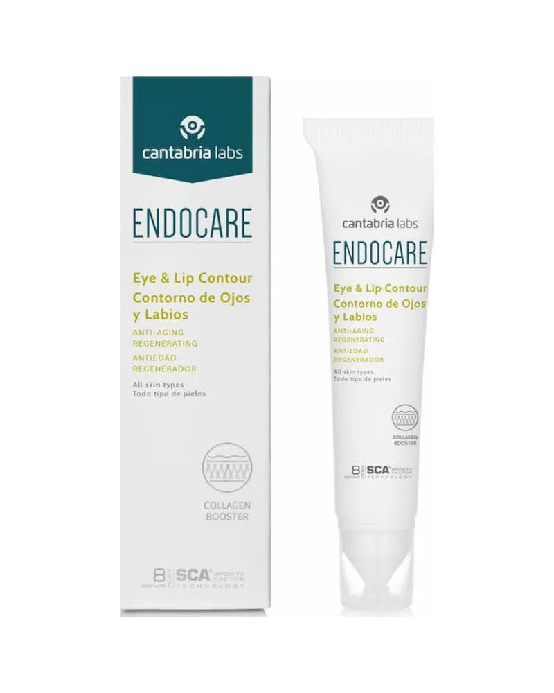Caja y tubo de Endocare Essential Contorno de Ojos y Labios sobre fondo blanco