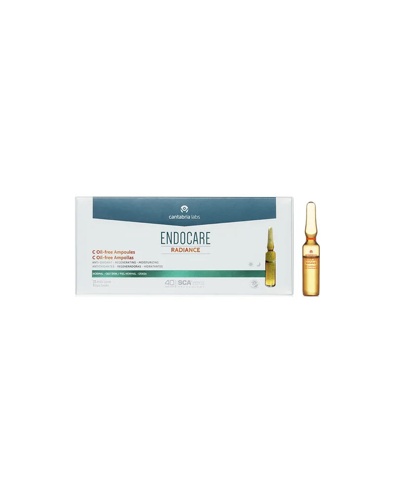 Caja y ampolla de Endocare Radiance C Oil-Free sobre fondo blanco