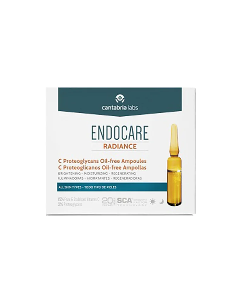 Caja y ampolla de Endocare Radiance C Proteoglicanos Oil-Free sobre fondo blanco