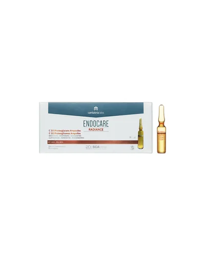 Caja y ampolla de Endocare Radiance C20 Proteoglicanos sobre fondo blanco