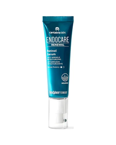 Envase de Endocare Renewal Retinol Sérum sobre fondo blanco