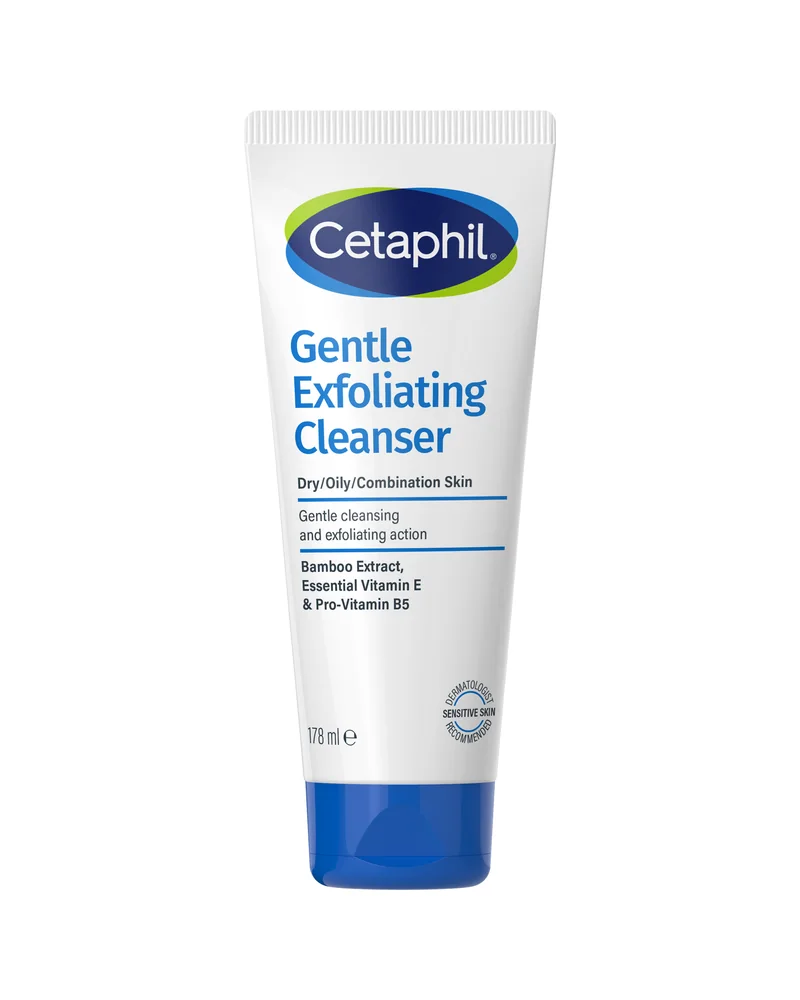 Tubo de Cetaphil Exfoliante Facial Suave (Gentle Exfoliating Cleanser) sobre fondo blanco