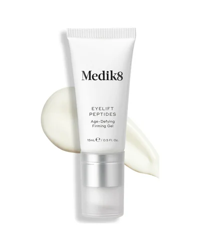 Envase de Eyelift Peptides sobre fondo blanco, con una muestra de la textura al lado