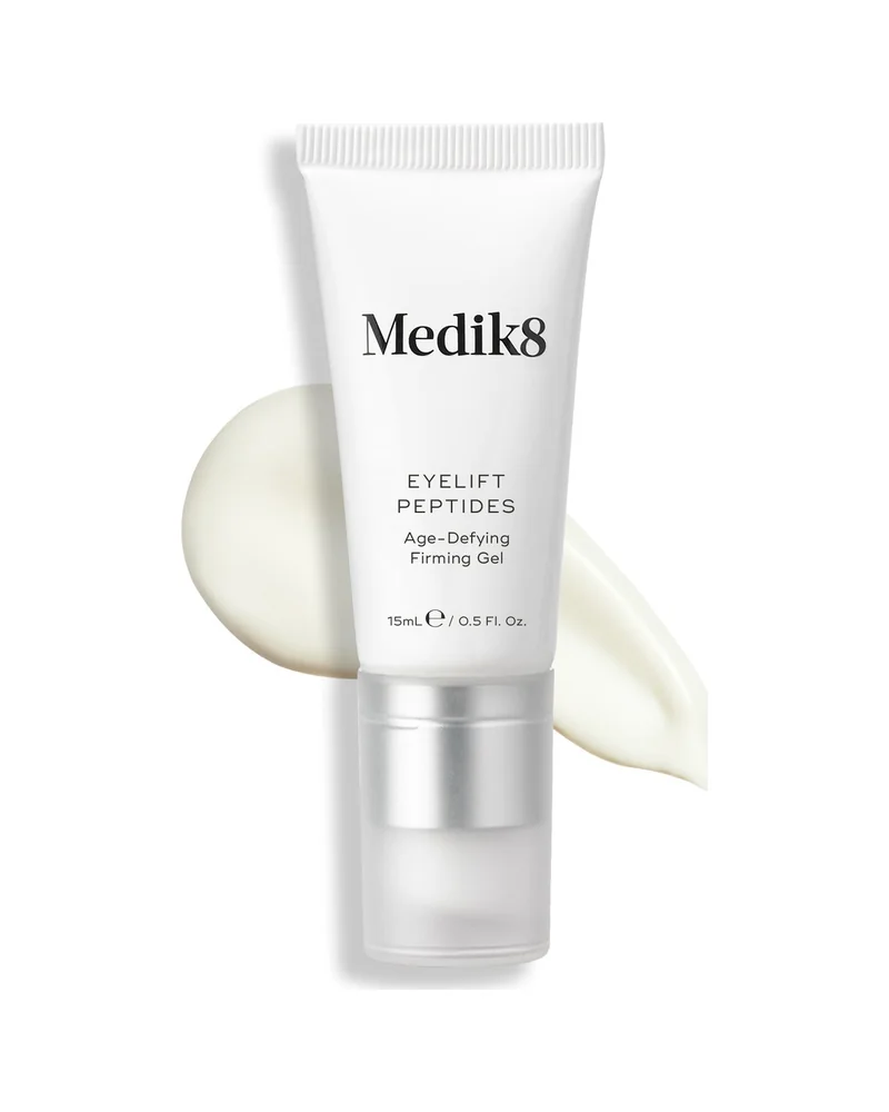 Envase de Eyelift Peptides sobre fondo blanco, con una muestra de la textura al lado