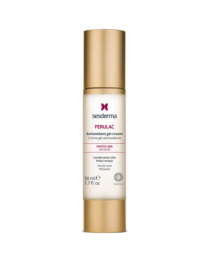Envase de Ferulac Crema gel antioxidante sobre fondo blanco