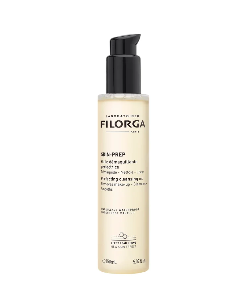 Frasco con dosificador de Skin-Prep Perfecting Cleansing Oil sobre fondo blanco