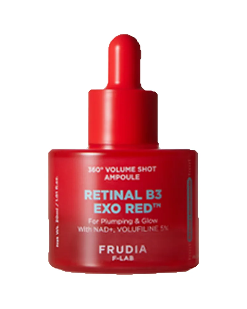 Frasco con cuentagotas de Retinal B3 Exo Red 360° Volume Shot Ampoule sobre fondo blanco