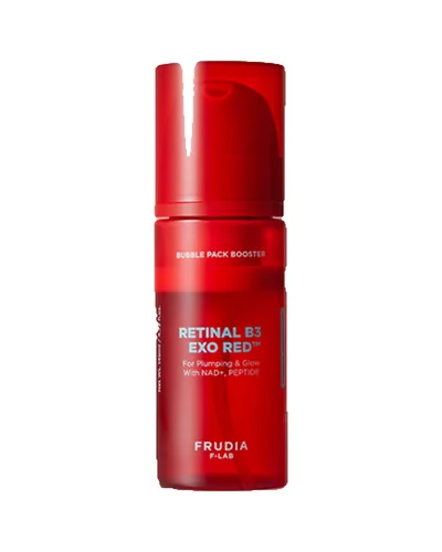 Frasco rojo con dosificador de Retinal B3 Exo Red Bubble Pack Booster sobre fondo blanco