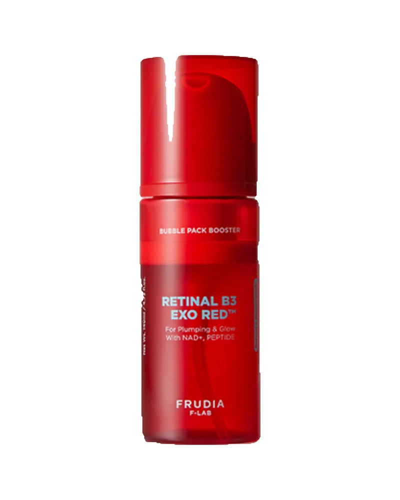Frasco rojo con dosificador de Retinal B3 Exo Red Bubble Pack Booster sobre fondo blanco