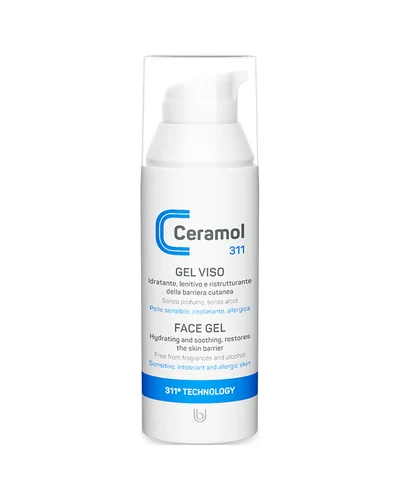 Frasco airless de Ceramol Gel facial 311 sobre fondo blanco