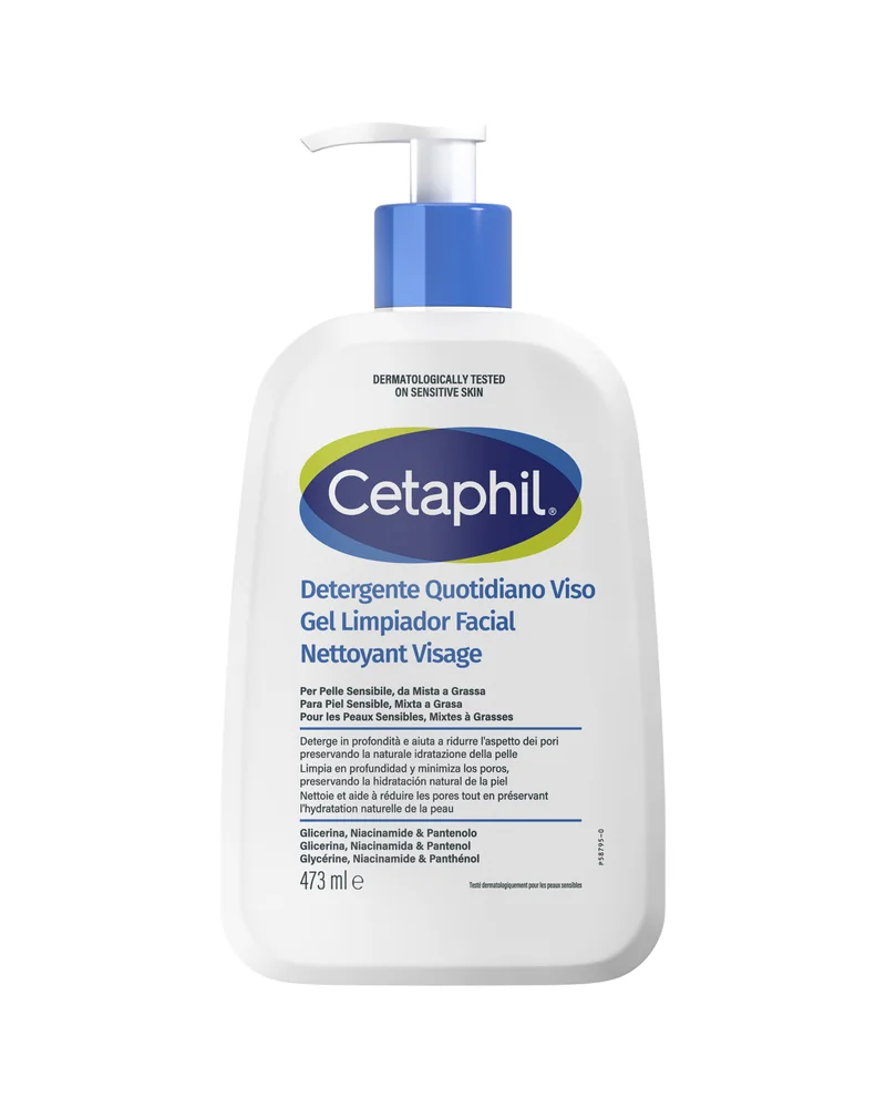 Envase con dosificador de Cetaphil Gel Limpiador Facial sobre fondo blanco