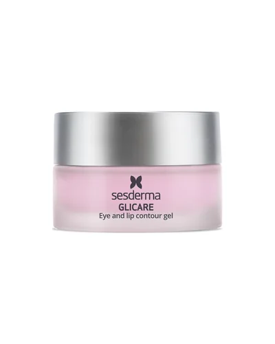 Envase de Glicare Gel Contorno de ojos y labios sobre fondo blanco