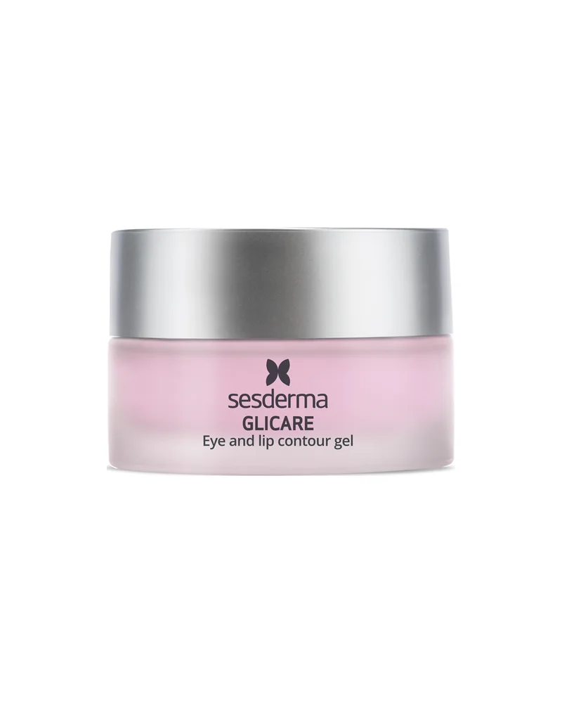 Envase de Glicare Gel Contorno de ojos y labios sobre fondo blanco