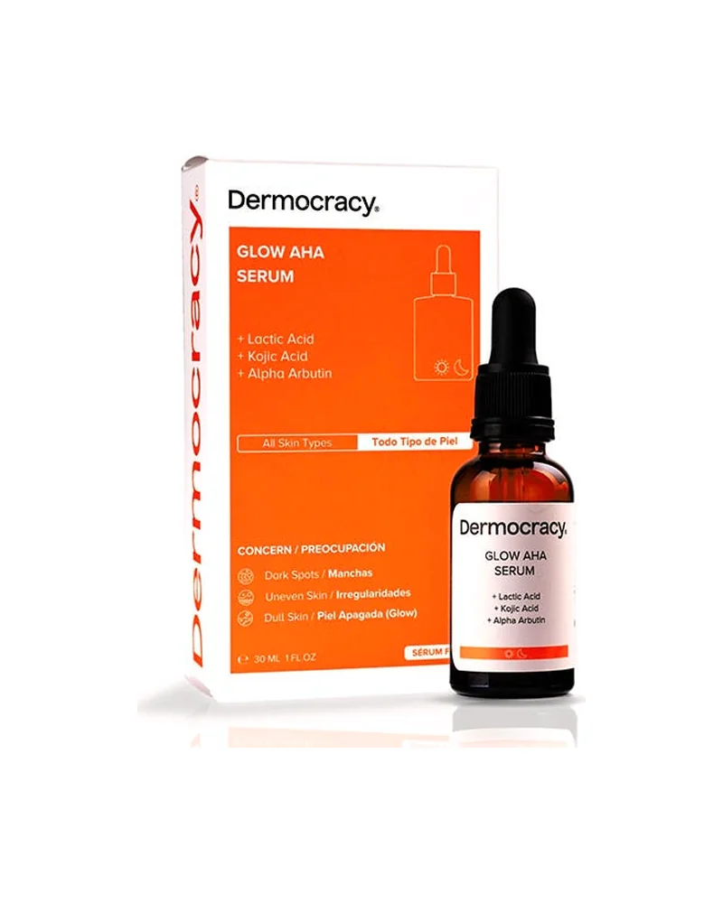 Frasco con cuentagotas de Glow AHA Serum junto a su caja sobre fondo blanco