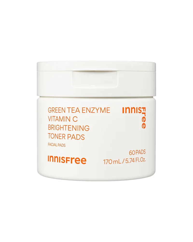 Tarro de discos de Green Tea Enzyme Vitamin C Brightening Toner Pads sobre fondo blanco