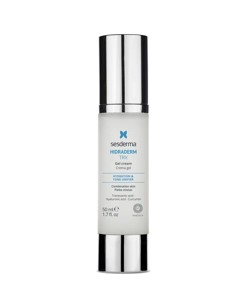 Envase de Hidraderm TRX Crema gel sobre fondo blanco