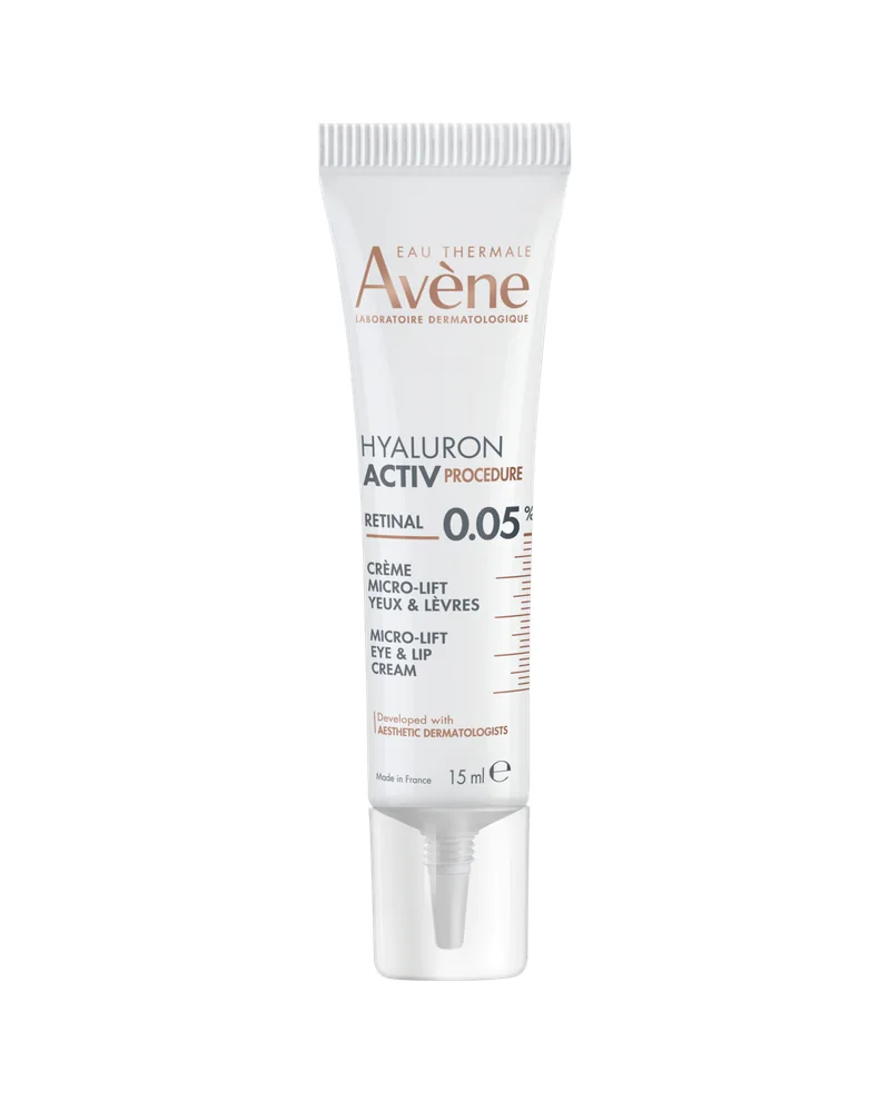 Envase de Hyaluron Activ Procedure Micro-Lift Ojos y Labios 0,05 % Retinal sobre fondo blanco