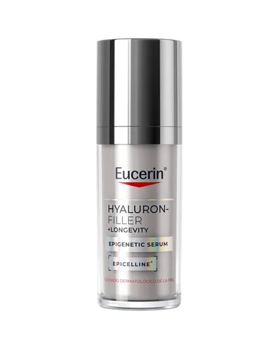 Envase de Hyaluron-Filler + Longevity Epigenetic Serum sobre fondo blanco