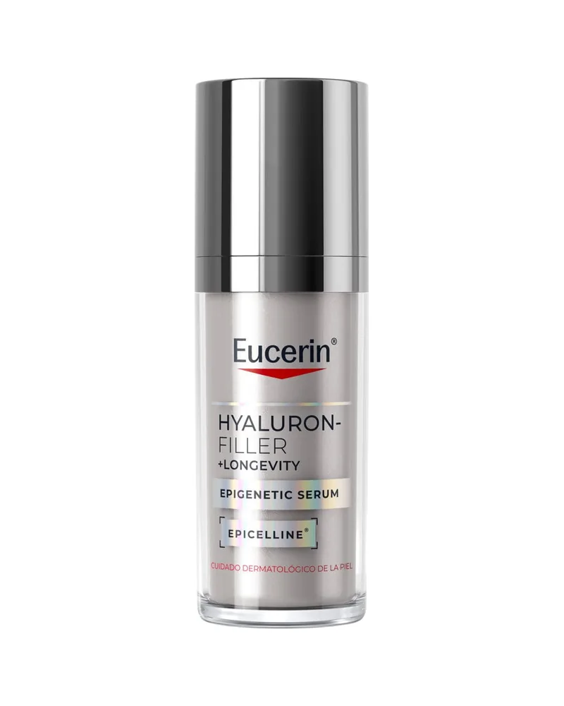 Envase de Hyaluron-Filler + Longevity Epigenetic Serum sobre fondo blanco